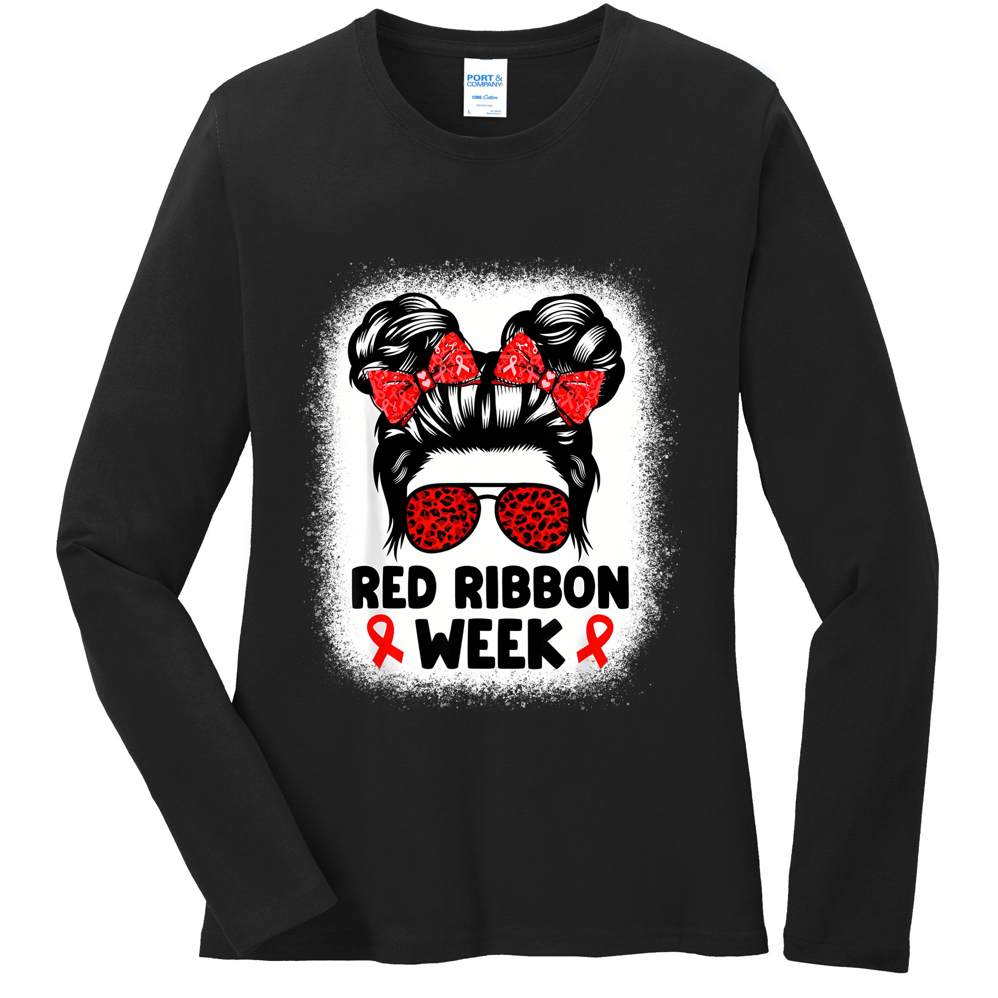 Red Ribbon Week Women Messy Bun Red Ribbon Week Awareness Ladies Long Sleeve Shirt