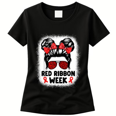 Red Ribbon Week Women Messy Bun Red Ribbon Week Awareness Womens T-Shirt
