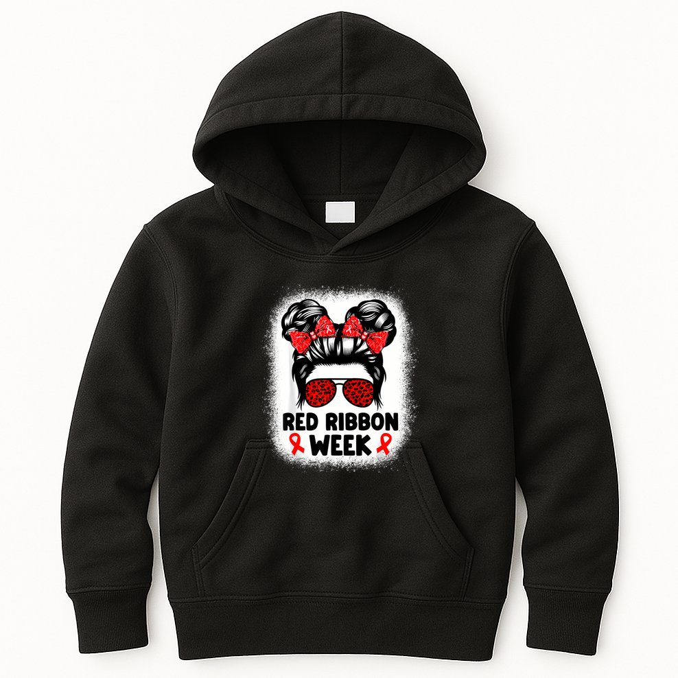 Red Ribbon Week Women Messy Bun Red Ribbon Week Awareness Kids Hoodie