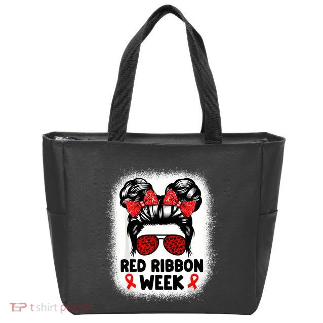 Red Ribbon Week Women Messy Bun Red Ribbon Week Awareness Zip Tote Bag