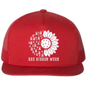 Red Ribbon Week Sunflower We Wear Red Ribbon Week Awareness Flat Bill Trucker Hat