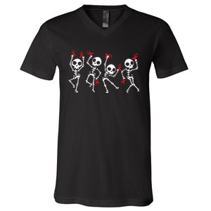 Red Ribbon week Awareness Skeleton Halloween V-Neck T-Shirt