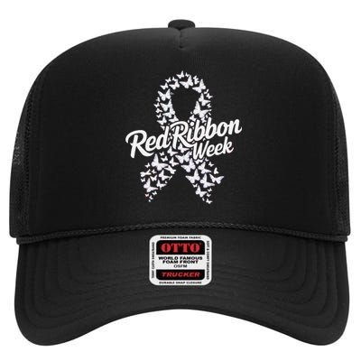 Red Ribbon Week 2024 Hope Love Support Red Ribbon Week Gift High Crown Mesh Back Trucker Hat