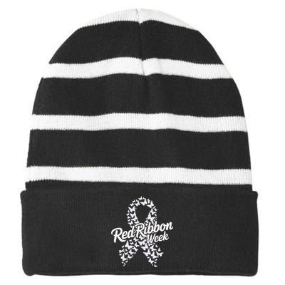 Red Ribbon Week 2024 Hope Love Support Red Ribbon Week Gift Striped Beanie with Solid Band