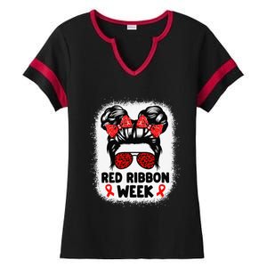 Red Ribbon Week Women Messy Bun Red Ribbon Week Awareness Gift Ladies Halftime Notch Neck Tee