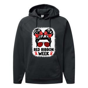 Red Ribbon Week Women Messy Bun Red Ribbon Week Awareness Gift Performance Fleece Hoodie