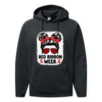 Red Ribbon Week Women Messy Bun Red Ribbon Week Awareness Gift Performance Fleece Hoodie