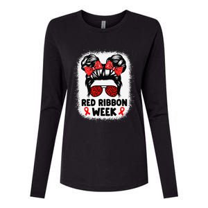 Red Ribbon Week Women Messy Bun Red Ribbon Week Awareness Gift Womens Cotton Relaxed Long Sleeve T-Shirt