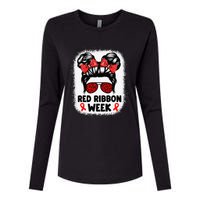 Red Ribbon Week Women Messy Bun Red Ribbon Week Awareness Gift Womens Cotton Relaxed Long Sleeve T-Shirt