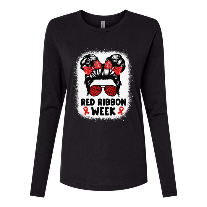 Red Ribbon Week Women Messy Bun Red Ribbon Week Awareness Gift Womens Cotton Relaxed Long Sleeve T-Shirt