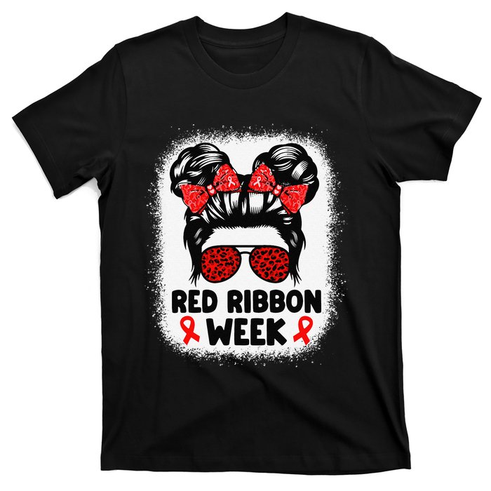 Red Ribbon Week Women Messy Bun Red Ribbon Week Awareness Gift T-Shirt