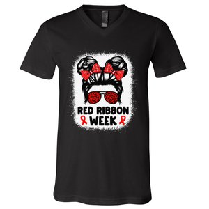 Red Ribbon Week Women Messy Bun Red Ribbon Week Awareness Gift V-Neck T-Shirt