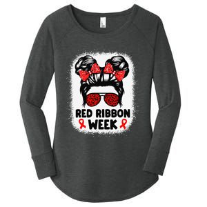 Red Ribbon Week Women Messy Bun Red Ribbon Week Awareness Gift Women's Perfect Tri Tunic Long Sleeve Shirt