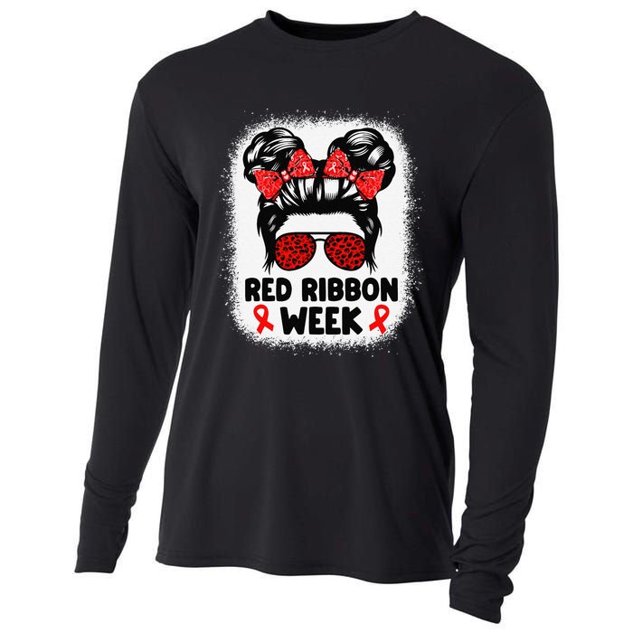 Red Ribbon Week Women Messy Bun Red Ribbon Week Awareness Gift Cooling Performance Long Sleeve Crew