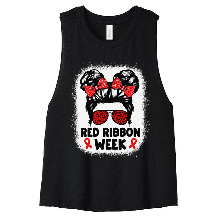 Red Ribbon Week Women Messy Bun Red Ribbon Week Awareness Gift Women's Racerback Cropped Tank