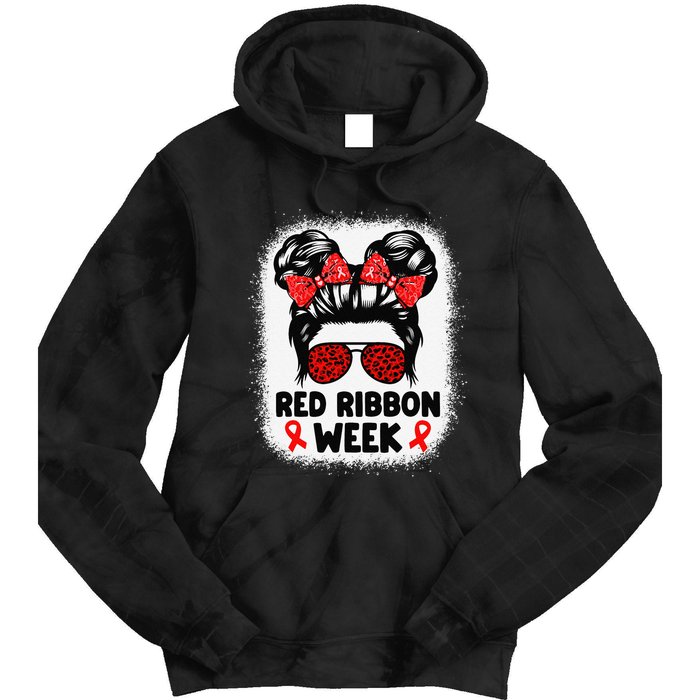 Red Ribbon Week Women Messy Bun Red Ribbon Week Awareness Gift Tie Dye Hoodie