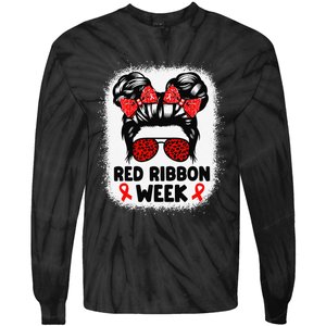 Red Ribbon Week Women Messy Bun Red Ribbon Week Awareness Gift Tie-Dye Long Sleeve Shirt