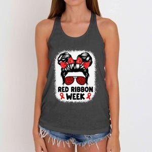 Red Ribbon Week Women Messy Bun Red Ribbon Week Awareness Gift Women's Knotted Racerback Tank