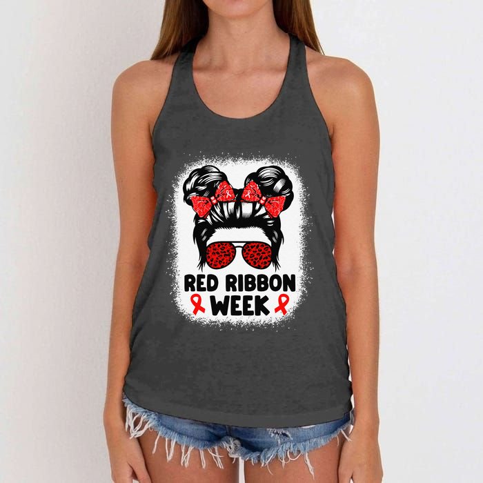 Red Ribbon Week Women Messy Bun Red Ribbon Week Awareness Gift Women's Knotted Racerback Tank