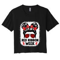 Red Ribbon Week Women Messy Bun Red Ribbon Week Awareness Gift Women's Crop Top Tee