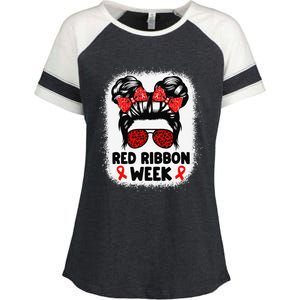 Red Ribbon Week Women Messy Bun Red Ribbon Week Awareness Gift Enza Ladies Jersey Colorblock Tee