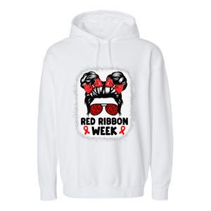 Red Ribbon Week Women Messy Bun Red Ribbon Week Awareness Gift Garment-Dyed Fleece Hoodie