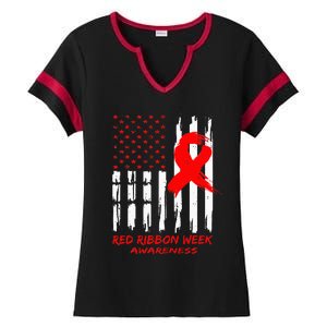 Red Ribbon Week Awareness American USA Flag Red Ribbon Week Ladies Halftime Notch Neck Tee