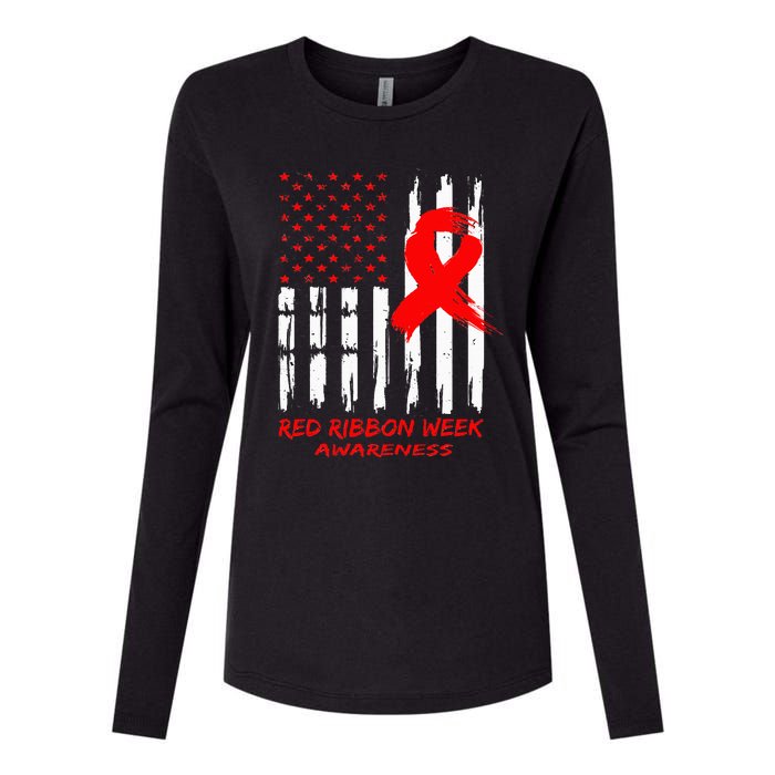 Red Ribbon Week Awareness American USA Flag Red Ribbon Week Womens Cotton Relaxed Long Sleeve T-Shirt