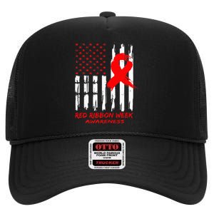 Red Ribbon Week Awareness American USA Flag Red Ribbon Week High Crown Mesh Back Trucker Hat