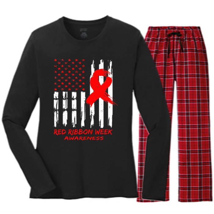 Red Ribbon Week Awareness American USA Flag Red Ribbon Week Women's Long Sleeve Flannel Pajama Set 