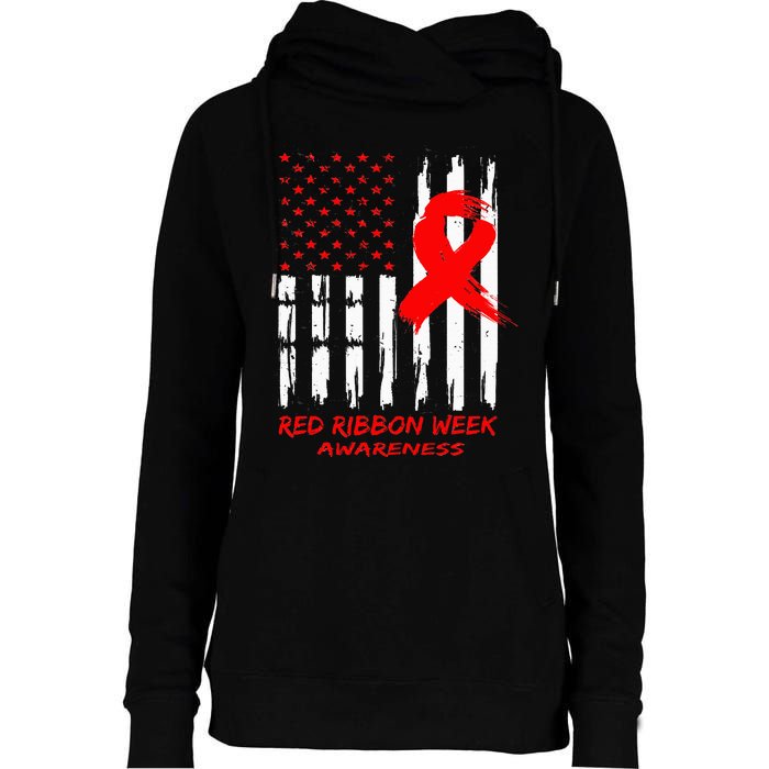 Red Ribbon Week Awareness American USA Flag Red Ribbon Week Womens Funnel Neck Pullover Hood