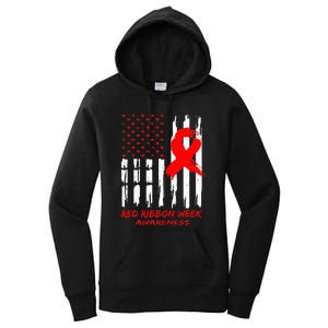 Red Ribbon Week Awareness American USA Flag Red Ribbon Week Women's Pullover Hoodie