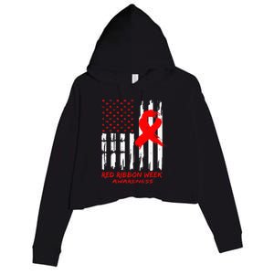 Red Ribbon Week Awareness American USA Flag Red Ribbon Week Crop Fleece Hoodie