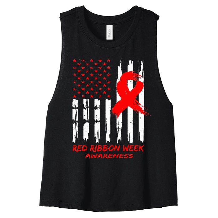 Red Ribbon Week Awareness American USA Flag Red Ribbon Week Women's Racerback Cropped Tank