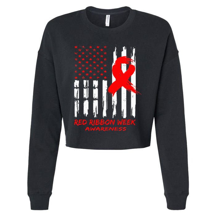 Red Ribbon Week Awareness American USA Flag Red Ribbon Week Cropped Pullover Crew