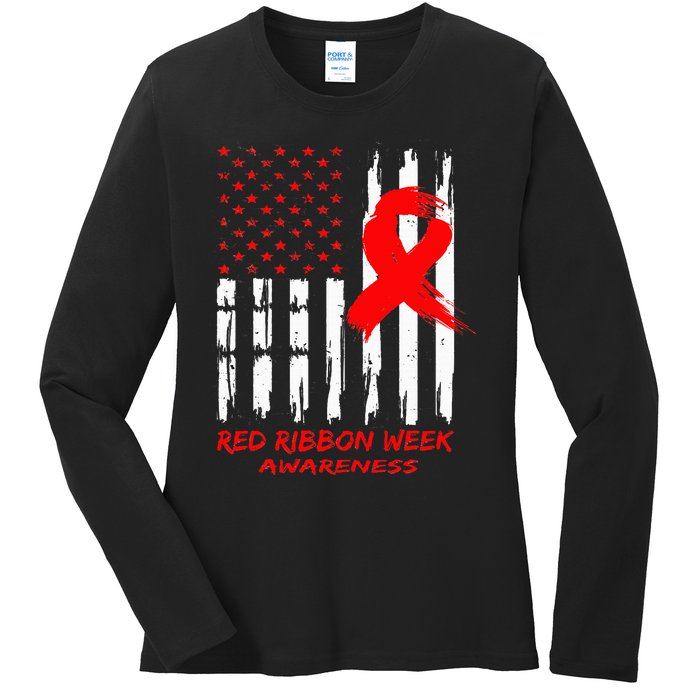 Red Ribbon Week Awareness American USA Flag Red Ribbon Week Ladies Long Sleeve Shirt