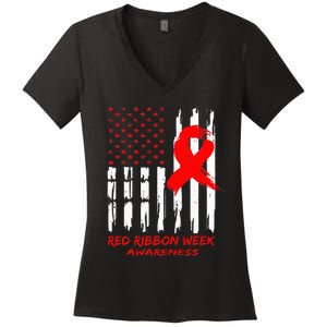 Red Ribbon Week Awareness American USA Flag Red Ribbon Week Women's V-Neck T-Shirt