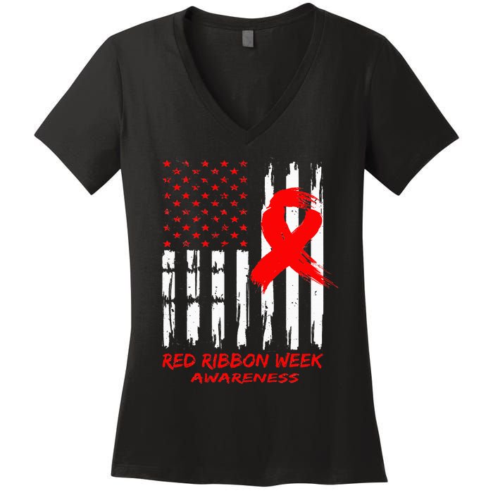 Red Ribbon Week Awareness American USA Flag Red Ribbon Week Women's V-Neck T-Shirt