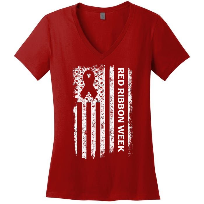 Red Ribbon Week American Flag Vintage Distressed Women's V-Neck T-Shirt