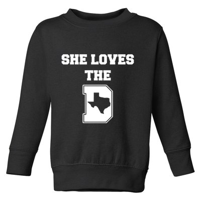 Ruby Reid Wearing She Loves The D Dallas Texas Toddler Sweatshirt