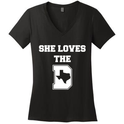 Ruby Reid Wearing She Loves The D Dallas Texas Women's V-Neck T-Shirt