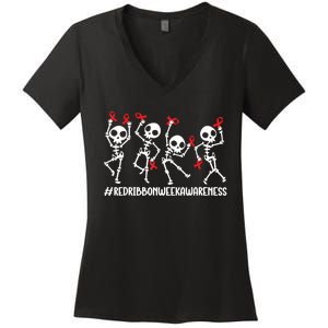 Red Ribbon Week Awareness Skeleton Halloween Women's V-Neck T-Shirt