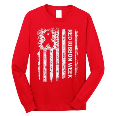 Red Ribbon Week Awareness American Flag Vintage Distressed Long Sleeve Shirt