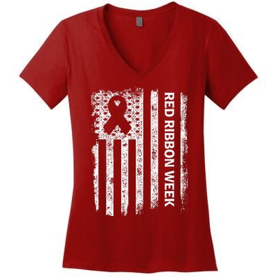 Red Ribbon Week Awareness American Flag Vintage Distressed Women's V-Neck T-Shirt