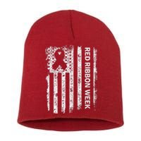 Red Ribbon Week Awareness American Flag Vintage Distressed Short Acrylic Beanie