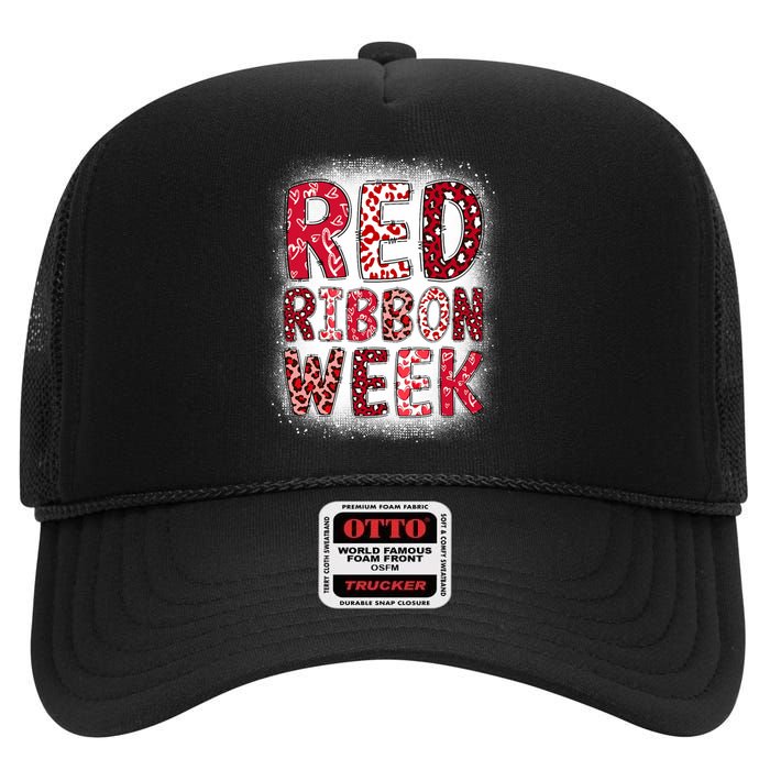 Red Ribbon Week Groovy Red Ribbon Awareness High Crown Mesh Back Trucker Hat