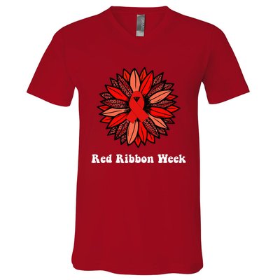 Red Ribbon Week Red Ribbon Sunflower Red Ribbon Week V-Neck T-Shirt