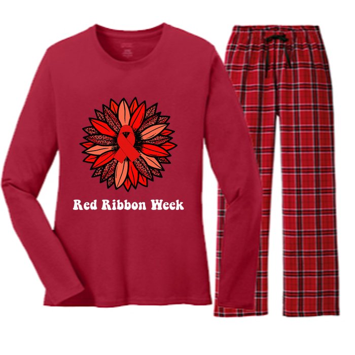 Red Ribbon Week Red Ribbon Sunflower Red Ribbon Week Women's Long Sleeve Flannel Pajama Set 