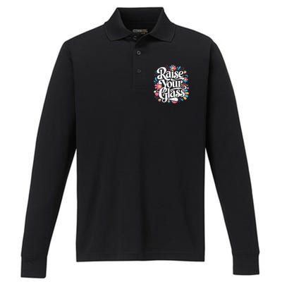 Retro Raise Your Glass Party Cheers Performance Long Sleeve Polo