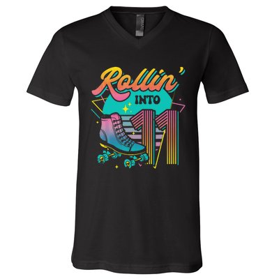 Roller Skate 11th Birthday Party Rolling into 11 Retro  V-Neck T-Shirt